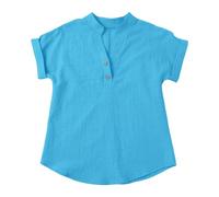 YWLINK Camisas de lino para niñas, blusas casuales de verano con cuello en V y botones, blusas tipo túnica 2025 para niños, a la moda, ligeras, sólidas, ropa de verano del Reino Unido (azul cielo, 12