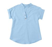 YWLINK Camisas de lino para niñas, de verano, informales, con botones, cuello en V, blusas tipo túnica para niños, a la moda, ligeras, sólidas, de manga corta, ropa de verano del Reino Unido (azul