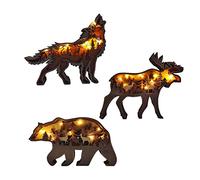YWNYT Adornos de animales de madera, 3 piezas de estatua de madera de animales del bosque 3D, decoración de arte de la pared, ciervos/lobo/oso decoración de escritorio de madera, adorno de talla