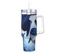 YWSOTRE Acuarela Dos orcas,Botella de agua de acero inoxidable con asa para bebidas frías y calientes de 40 oz.