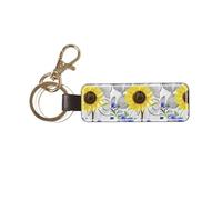 YWSOTRE Acuarela Girasoles Amarillos Flores Azules,Llavero de cuero de PU, llavero, llavero, anillo, organizador, 1 pieza