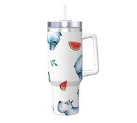 YWSOTRE Acuarela Lindo Hipopótamo Sandía,Botella de agua de acero inoxidable con asa para bebidas frías y calientes de 40 oz.