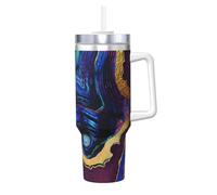 YWSOTRE Ágata abstracta púrpura, azul y dorada,Botella de agua de acero inoxidable con asa para bebidas frías y calientes de 40 oz.