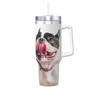 YWSOTRE Bulldog francés, perro curioso y feliz,Botella de agua de acero inoxidable con asa para bebidas frías y calientes de 40 oz.