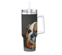 YWSOTRE Bulldog inglés arrodillado,Botella de agua de acero inoxidable con asa para bebidas frías y calientes de 40 oz.