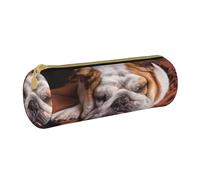 YWSOTRE Bulldogs Ingleses Bozal Mascotas Perros Durmiendo, Estuche para lápices Estuche cilíndrico para lápices Estuche para lápices de Cuero portátil Estuche para cosméticos