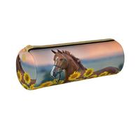 YWSOTRE Caballo De Girasol Amarillo Estampado, Estuche para lápices Estuche cilíndrico para lápices Estuche para lápices de Cuero portátil Estuche para cosméticos