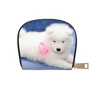 YWSOTRE Cachorro Samoyedo Cachorro De Perros Blancos con Lazo Peludo, Funda de Cuero de PU para Tarjetas, Tarjetero Elegante, Tarjetero Tipo Billetera