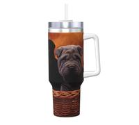 YWSOTRE Cachorro Shar Pei Negro Perros Pequeños Cachorro Gris Mascotas,Botella de agua de acero inoxidable con asa para bebidas frías y calientes de 40 oz.