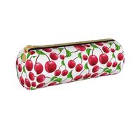 YWSOTRE Cerezas Rojas Impresas, Estuche para lápices Estuche cilíndrico para lápices Estuche para lápices de Cuero portátil Estuche para cosméticos