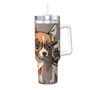 YWSOTRE Chihuahua Bulldog Lindo Perro Pug Mascota Animal Amigos Cachorro Beige,Botella de agua de acero inoxidable con asa para bebidas frías y calientes de 40 oz.