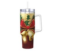 YWSOTRE Cinta roja navideña con campanas doradas,Botella de agua de acero inoxidable con asa para bebidas frías y calientes de 40 oz.