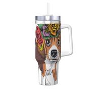 YWSOTRE Corona floral para la cabeza de cachorro beagle,Botella de agua de acero inoxidable con asa para bebidas frías y calientes de 40 oz.
