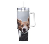 YWSOTRE Dios Bokeh de Border Collie Marrón con Ojos Amarillos,Botella de agua de acero inoxidable con asa para bebidas frías y calientes de 40 oz.