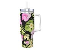YWSOTRE Flores tropicales rosas y palmeras selváticas,Botella de agua de acero inoxidable con asa para bebidas frías y calientes de 40 oz.