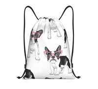 YWSOTRE Frenchie Negro Bulldog Francés Dibujos Animados Gafas Rosas Perro Blanco, Mochila con cordón, unisex, para deporte, gimnasio, informal, para el día a día, talla M