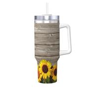 YWSOTRE Girasol sobre madera rústica,Botella de agua de acero inoxidable con asa para bebidas frías y calientes de 40 oz.