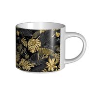 YWSOTRE Hojas tropicales negras y doradas,Taza de cerámica de gran capacidad, taza de té, taza de café 450 ml