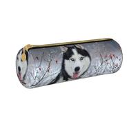 YWSOTRE Husky en Invierno, Estuche para lápices Estuche cilíndrico para lápices Estuche para lápices de Cuero portátil Estuche para cosméticos
