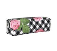 YWSOTRE Imprimir Rosas sobre Cuadros Blancos Y Negros, Estuche para lápices Estuche para lápices Estuche para lápices de Cuero portátil con Estuche para cosméticos con Cremallera