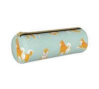 YWSOTRE Lindo Cachorro Shiba inu, Estuche para lápices Estuche cilíndrico para lápices Estuche para lápices de Cuero portátil Estuche para cosméticos