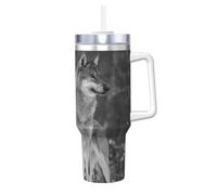 YWSOTRE Lobo salvaje impreso,Botella de agua de acero inoxidable con asa para bebidas frías y calientes de 40 oz.