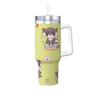 YWSOTRE Mapache kawaii lindo,Botella de agua de acero inoxidable con asa para bebidas frías y calientes de 40 oz.