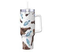 YWSOTRE Morsa marrón en acuarela,Botella de agua de acero inoxidable con asa para bebidas frías y calientes de 40 oz.