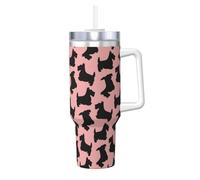 YWSOTRE Patrón de terrier escocés rosa y negro,Botella de agua de acero inoxidable con asa para bebidas frías y calientes de 40 oz.