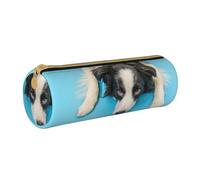 YWSOTRE Perro Cachorro Gracioso Border Collie sobre Fondo Azul, Estuche para lápices Estuche cilíndrico para lápices Estuche para lápices de Cuero portátil Estuche para cosméticos