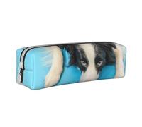 YWSOTRE Perro Cachorro Gracioso Border Collie sobre Fondo Azul, Estuche para lápices Estuche para lápices Estuche para lápices de Cuero portátil con Estuche para cosméticos con Cremallera