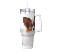 YWSOTRE Perro Papillon esponjoso,Botella de agua de acero inoxidable con asa para bebidas frías y calientes de 40 oz.