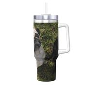YWSOTRE Perro Pug Blanco y Negro,Botella de agua de acero inoxidable con asa para bebidas frías y calientes de 40 oz.