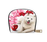 YWSOTRE Perro Samoyedo Flores Rosadas, Funda de Cuero de PU para Tarjetas, Tarjetero Elegante, Tarjetero Tipo Billetera