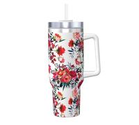 YWSOTRE Ramos florales brillantes y elegantes en rojo y azul marino,Botella de agua de acero inoxidable con asa para bebidas frías y calientes de 40 oz.