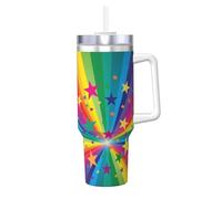 YWSOTRE Rayos de confeti de arcoíris y estrellas,Botella de agua de acero inoxidable con asa para bebidas frías y calientes de 40 oz.
