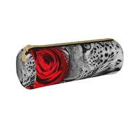 YWSOTRE Rosa roja Leopardo, Estuche para lápices Estuche cilíndrico para lápices Estuche para lápices de Cuero portátil Estuche para cosméticos