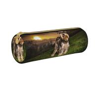 YWSOTRE Schnauzer Atardecer Perros Mascotas Montañas Schnauzer, Estuche para lápices Estuche cilíndrico para lápices Estuche para lápices de Cuero portátil Estuche para cosméticos