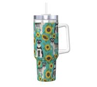 YWSOTRE Schnauzer Girasoles Primavera Verano Floral Raza de perro Perro,Botella de agua de acero inoxidable con asa para bebidas frías y calientes de 40 oz.