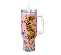 YWSOTRE Tigres bailando sobre un tigre asiático rosa con estampado animal dorado, naranja y negro.,Botella de agua de acero inoxidable con asa para bebidas frías y calientes de 40 oz.