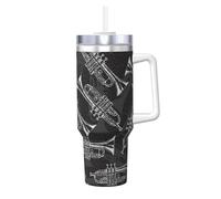 YWSOTRE Trompetas de boceto en blanco y negro,Botella de agua de acero inoxidable con asa para bebidas frías y calientes de 40 oz.