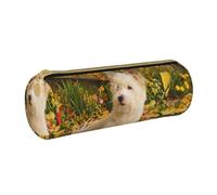 YWSOTRE Westie Otoño West Highland White Terrier Perros, Estuche para lápices Estuche cilíndrico para lápices Estuche para lápices de Cuero portátil Estuche para cosméticos