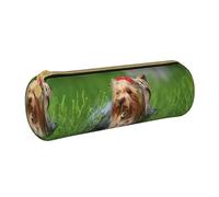 YWSOTRE Yorkshire Terrier Césped Lindos Perros Ummer Lazo Rojo, Estuche para lápices Estuche cilíndrico para lápices Estuche para lápices de Cuero portátil Estuche para cosméticos