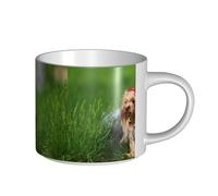 YWSOTRE Yorkshire Terrier Césped Perros lindos Ummer Red Bow,Taza de cerámica de gran capacidad, taza de té, taza de café 450 ml