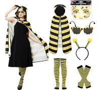 Ywwltt Disfraz de Abeja Mujer Adulto, Conjunto de Abeja con Capa, Diadema, Gafas, Guantes, Calcetines y Tatuaje Facial, Disfraz Carnaval Cosplay Fiesta Temática