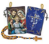 YXBZKGDCNG Bolsa de rosario con cuerda católica de madera de olivo de Israel, Jesús Rey del Universo y I Believe in God Prayer tela tejida estilo tapiz bolsa de viaje, juego de regalo religioso
