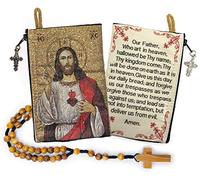 YXBZKGDCNG Bolsa de rosario con cuerda católica de madera de olivo de Israel, Jesús Rey del Universo y I Believe in God Prayer tela tejida estilo tapiz bolsa de viaje, juego de regalo religioso