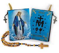 YXBZKGDCNG Bolsa de rosario con cuerda católica de madera de olivo de Israel, Jesús Rey del Universo y I Believe in God Prayer tela tejida estilo tapiz bolsa de viaje, juego de regalo religioso