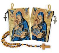 YXBZKGDCNG Bolsa de rosario con cuerda católica de madera de olivo de Israel, Jesús Rey del Universo y I Believe in God Prayer tela tejida estilo tapiz bolsa de viaje, juego de regalo religioso