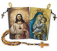 YXBZKGDCNG Bolsa de rosario con cuerda católica de madera de olivo de Israel, Jesús Rey del Universo y I Believe in God Prayer tela tejida estilo tapiz bolsa de viaje, juego de regalo religioso
